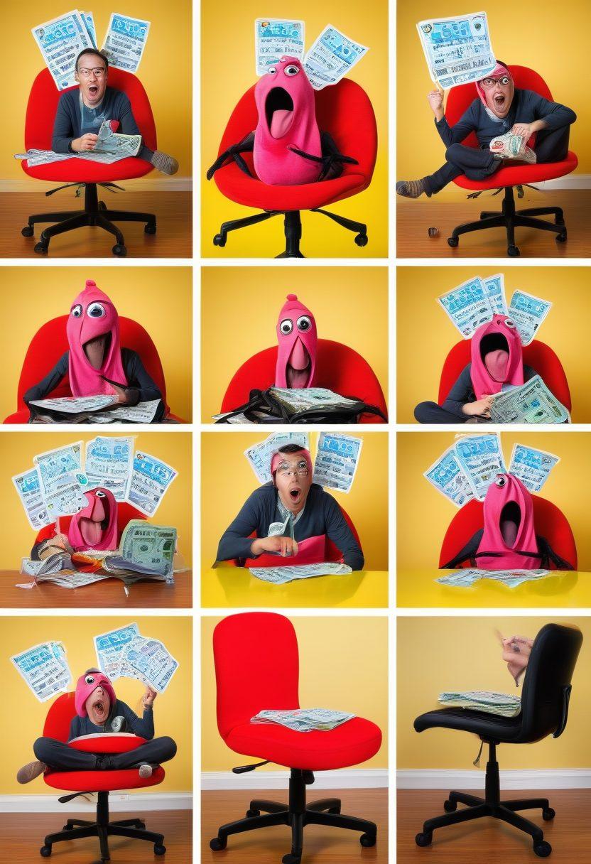 An image depicting a collage of hilarious pranks and hoaxes - a sneaky person putting a whoopee cushion on a chair, a fake spider placed on a desk causing shock, playfully swapped computer keys, and a colorful fake lottery ticket. Each scenario should be vividly illustrated with exaggerated expressions of surprise and laughter. vibrant colors. comic-strip style.