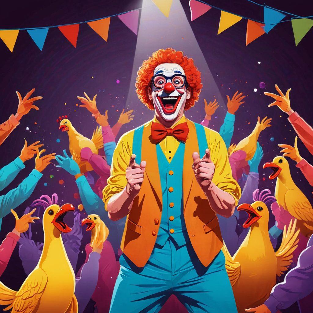 A lively stage with a comedian dressed in a clown outfit, juggling rubber chickens, with an audience in stitches. Various props like oversized glasses and a fake mustache lying around. A spotlight highlights the comedian, and laughter is visually represented with 'HAHA' in the air. Vibrant colors and exaggerated expressions. vector art, cartoon style.