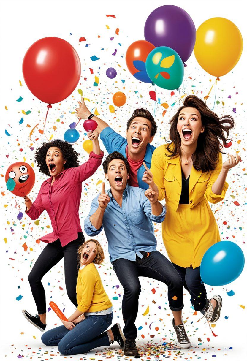A lively, vibrant scene of a group of friends in hysterical laughter as they pull off a series of practical jokes, such as a whoopee cushion, a fake spider, and a rubber chicken. Colorful balloons and confetti fill the air, enhancing the playful atmosphere. Characters should have exaggerated, joyful expressions. comic-style illustration. vibrant colors. white background.